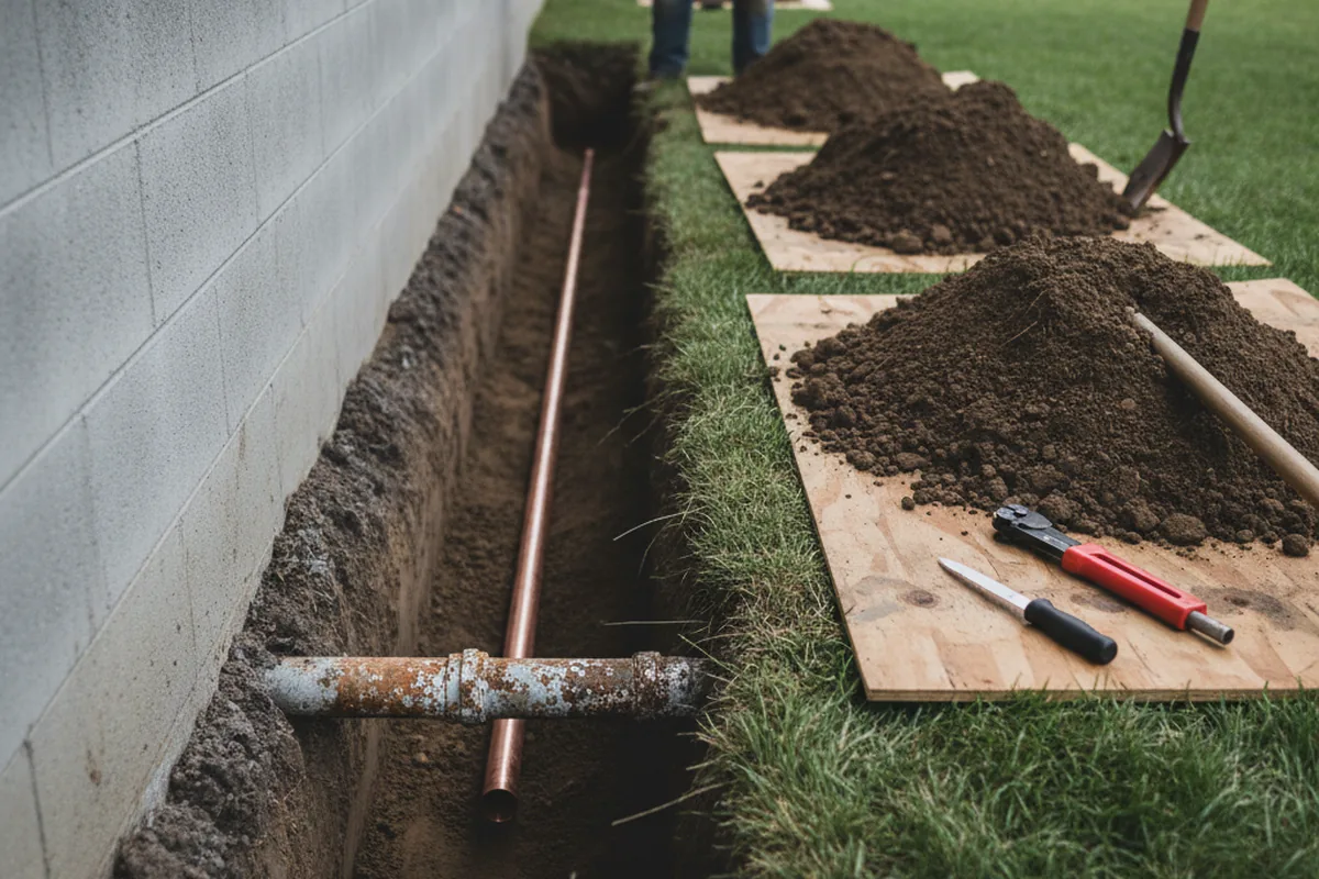 Excavated water line trench during Sewer Line Repair in Rockwood
